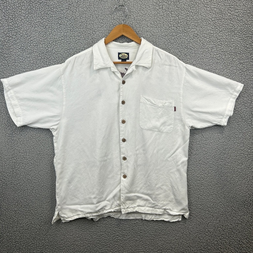 Vtg Tommy Bahama Button Up Shirt Men's L White Rayon Short Sleeve‎ Embroidered